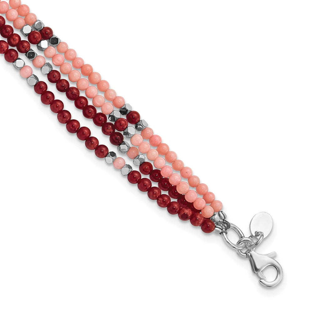 Sterling Silver Hematite, Red & Peach Coral 4-Strand w/1in ext. Bracelet