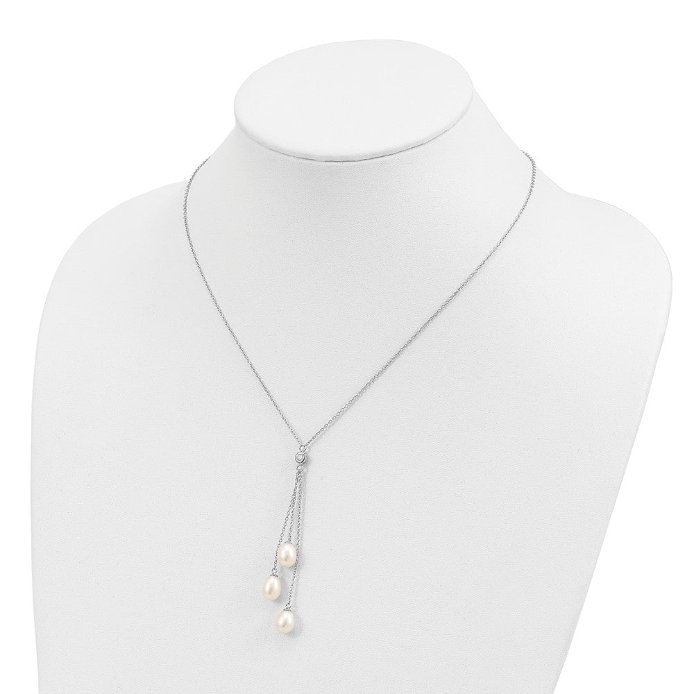 Sterling Silver Rhodium-plated 7-8mm White Teardrop Freshwater Cultured Pearl and CZ Drop 18 inch Necklace