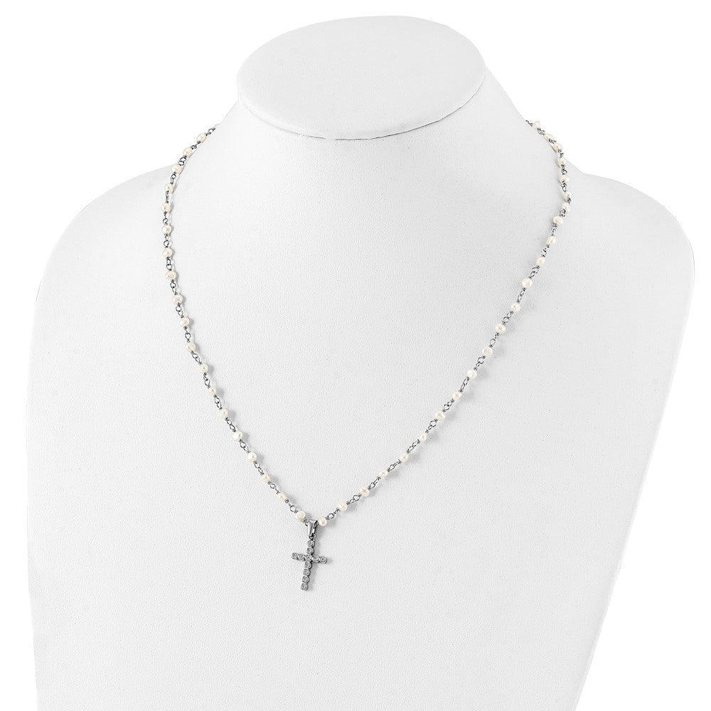 Sterling Silver Rhodium-plated 4-5mm White Near-Round Freshwater Cultured Pearl and CZ Cross 21 inch Necklace