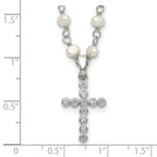 Sterling Silver Rhodium-plated 4-5mm White Near-Round Freshwater Cultured Pearl and CZ Cross 21 inch Necklace