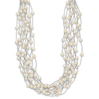 Sterling Silver Rhodium-plated 6-8mm White Semi-Round Freshwater Cultured Pearl Multi Strand 15 inch Necklace