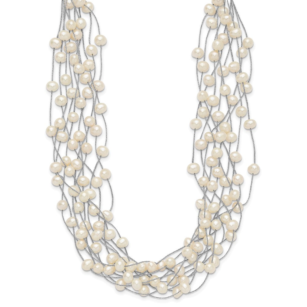 Sterling Silver Rhodium-plated 6-8mm White Semi-Round Freshwater Cultured Pearl Multi Strand 15 inch Necklace