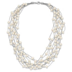 Sterling Silver Rhodium-plated 6-8mm White Semi-Round Freshwater Cultured Pearl Multi Strand 15 inch Necklace
