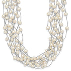 Sterling Silver Rhodium-plated 6-8mm White Semi-Round Freshwater Cultured Pearl Multi Strand 15 inch Necklace