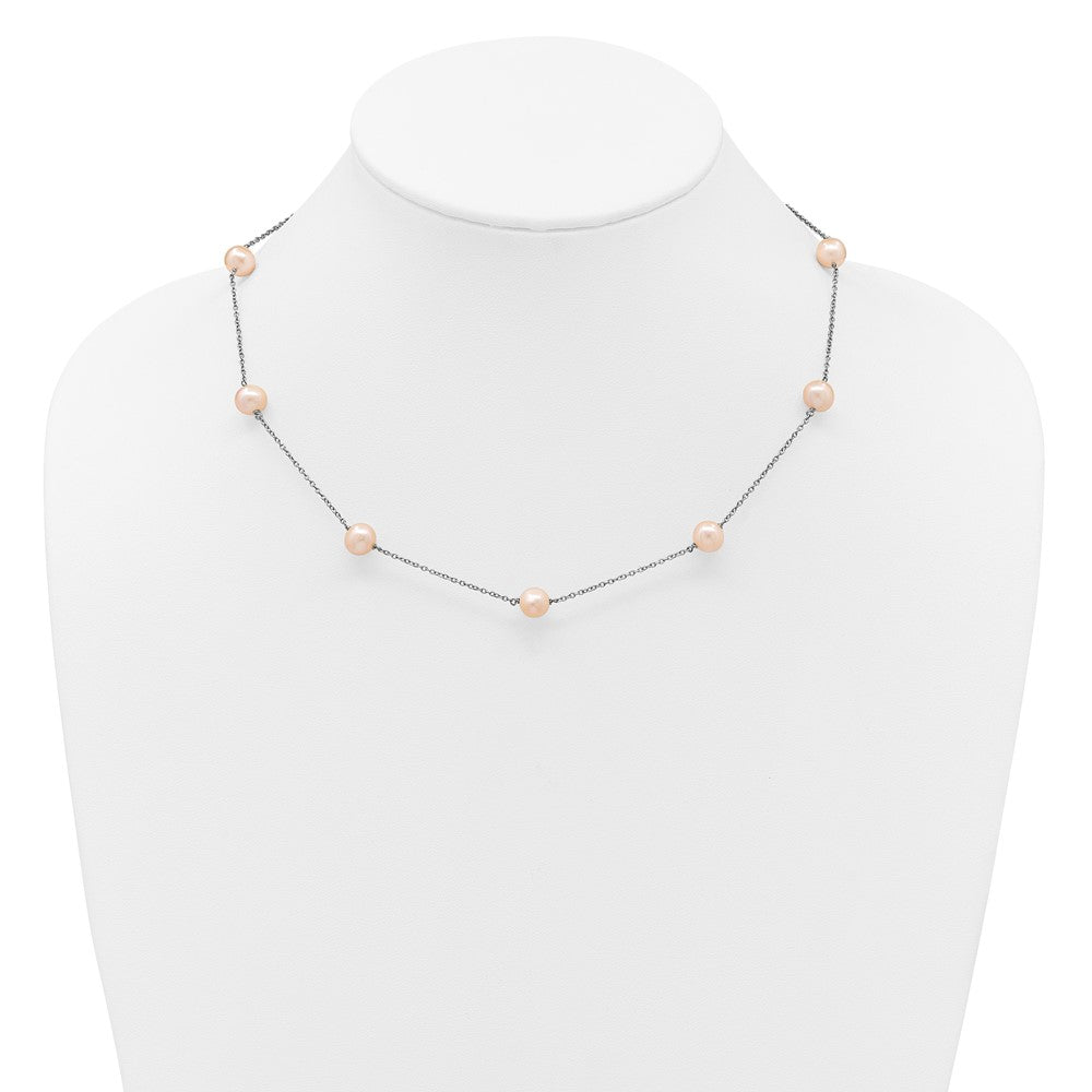Sterling Silver Rhodium-plated 7-8mm Pink Semi-Round Freshwater Cultured Pearl 9-Station 18 inch Necklace