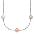 Sterling Silver Rhodium-plated 7-8mm White, Pink and Purple Near-Round Freshwater Cultured Pearl 9-Station 18 inch Necklace