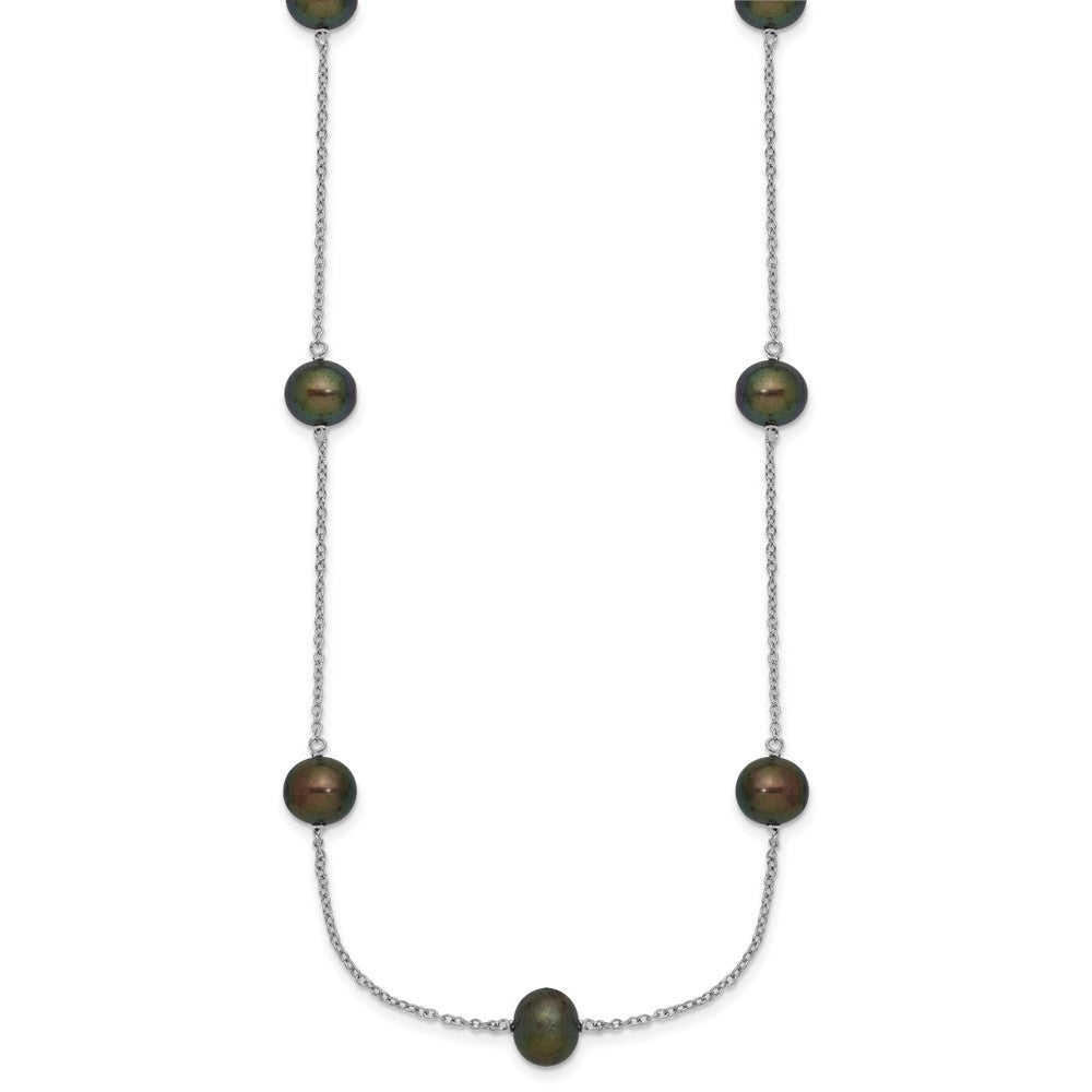Sterling Silver Rhodium-plated 7-8mm Black Semi-Round Freshwater Cultured Pearl 9-Station 18 inch Necklace