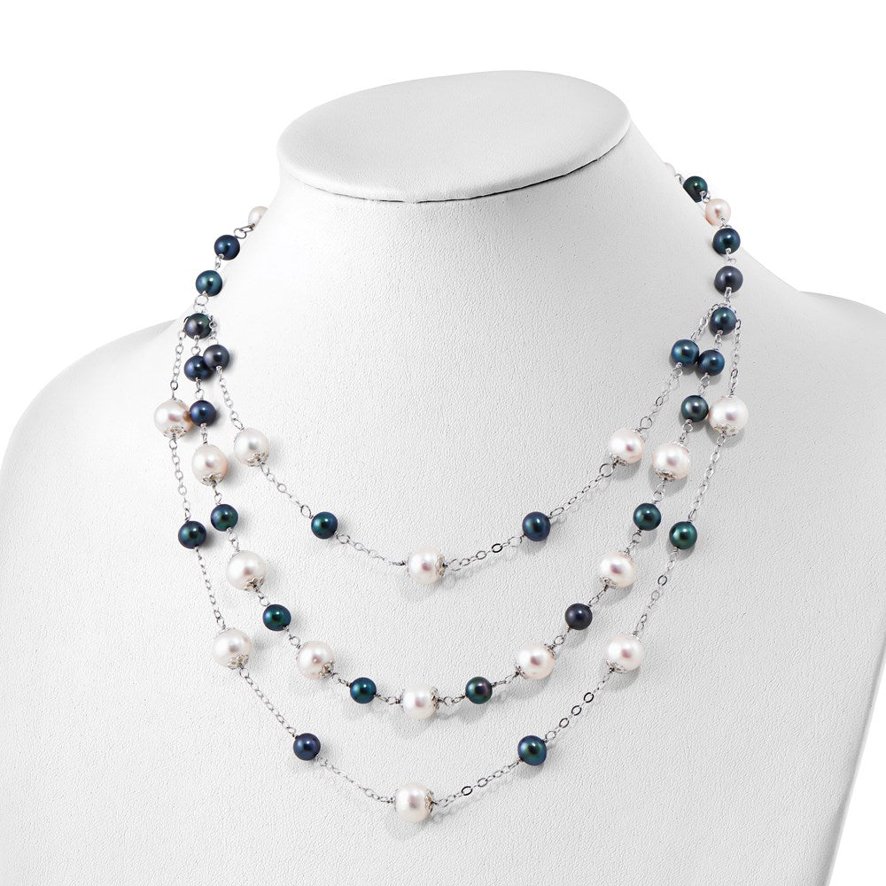 Sterling Silver Rhodium-plated 6-10mm White and Black Freshwater Cultured Pearl Layered 17 inch with 2 inch Extension Necklace