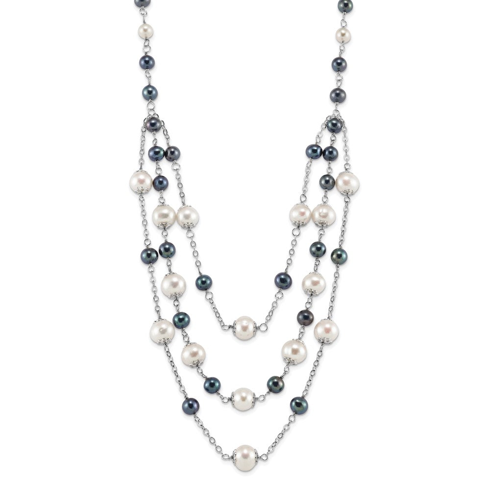 Sterling Silver Rhodium-plated 6-10mm White and Black Freshwater Cultured Pearl Layered 17 inch with 2 inch Extension Necklace