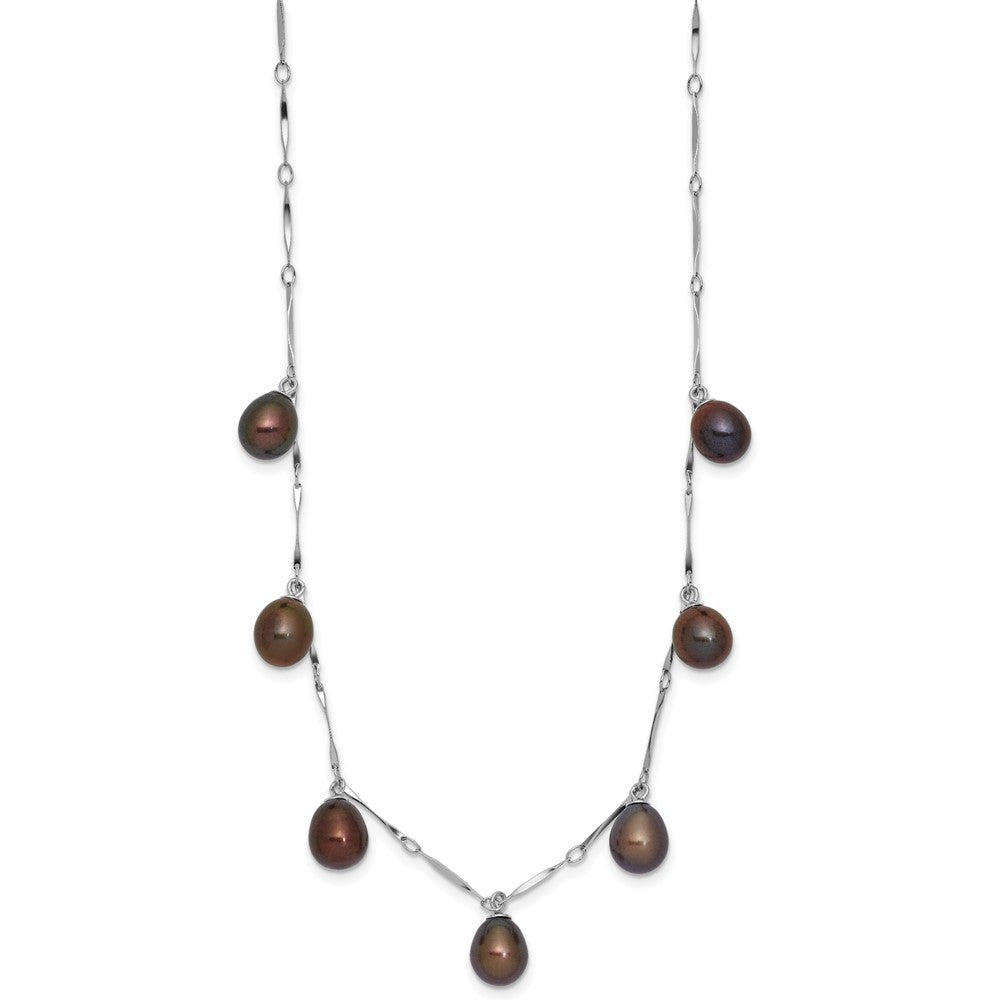 Sterling Silver Rhodium-plated 7-8mm Black Teardrop Freshwater Cultured Pearl Dangle 7-Station 17.5 inch Necklace