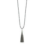 SS Green Glass/Hematite/Grey Quartz w/Nylon Tassel Drop Necklace