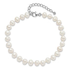 Sterling Silver Rhodium-plated 7-8mm White Near-Round Freshwater Cultured Pearl and CZ 8.5 with 2 inch Extension Anklet