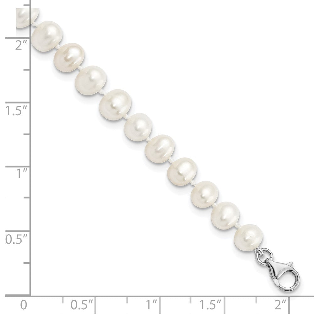 Sterling Silver Rhodium-plated 7-8mm White Near-Round Freshwater Cultured Pearl and CZ 8.5 with 2 inch Extension Anklet