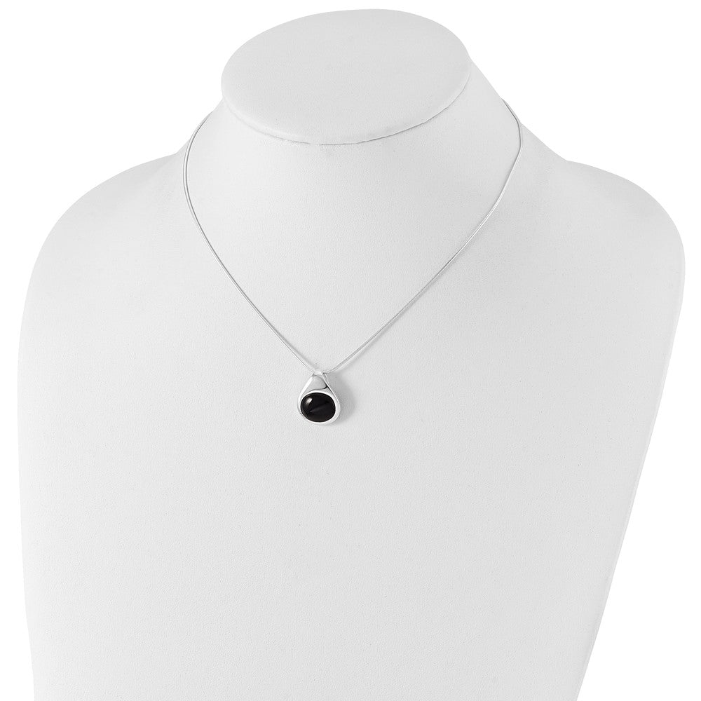 Sterling Silver Rhodium-plated Round Onyx Pendant Necklace
