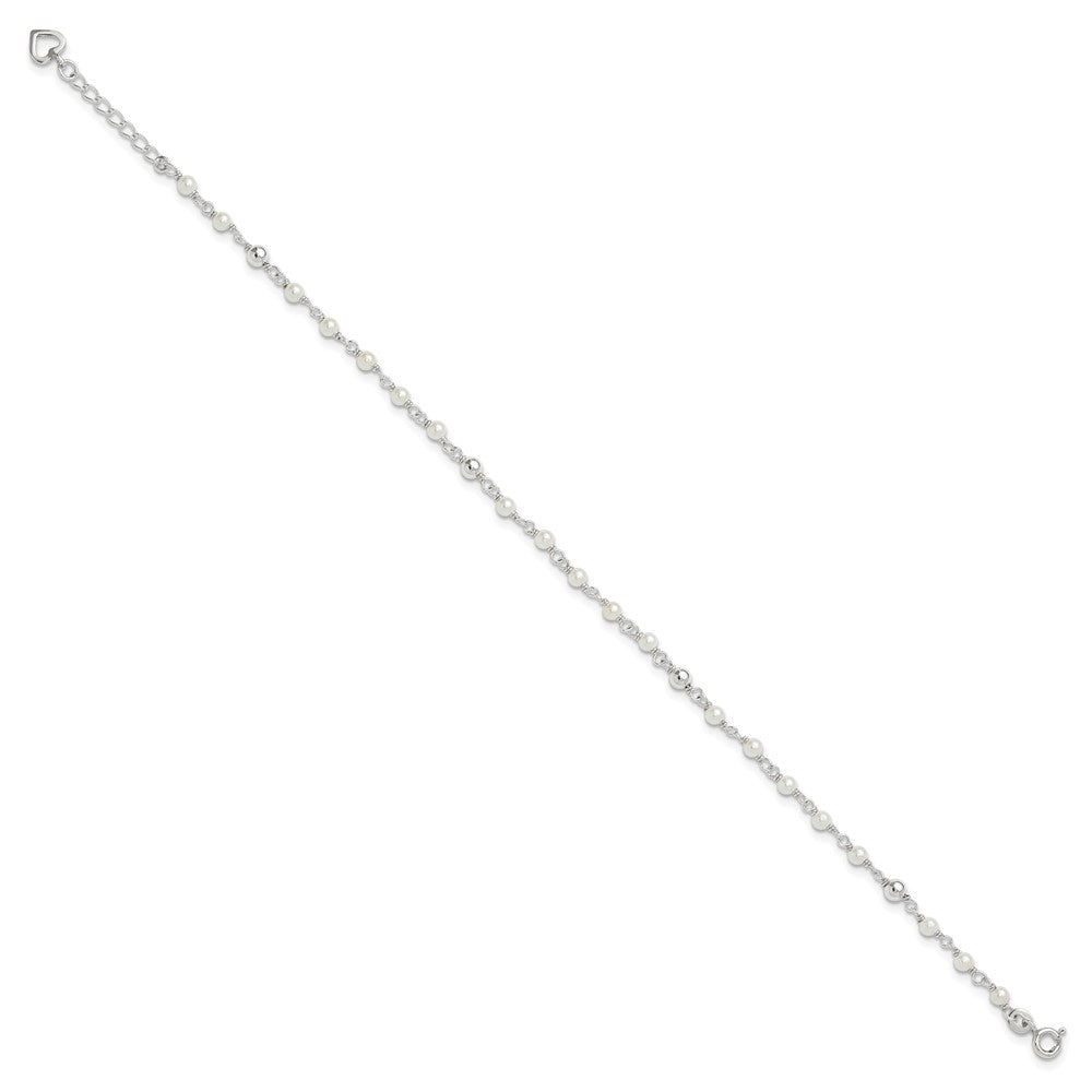 Sterling Silver Freshwater Cultured Pearl and Heart 9 inch Plus 1 inch Extender  - Total 10 inch Anklet