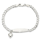 Sterling Silver Polished Curb Link ID Heart Dangle Bracelet
