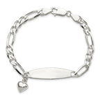 Sterling Silver Polished Figaro ID Heart Dangle Bracelet