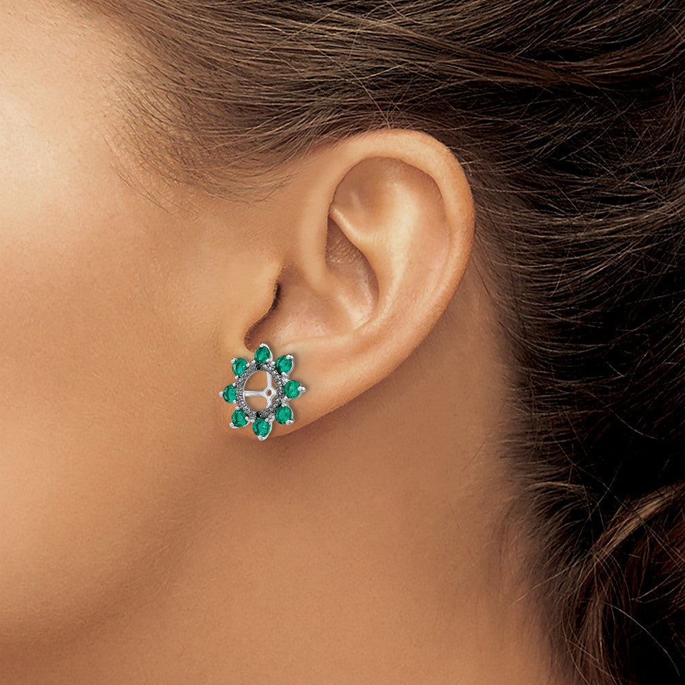 Sterling Silver Rhodium Created Emerald & Black Sapphire Earring Jacket