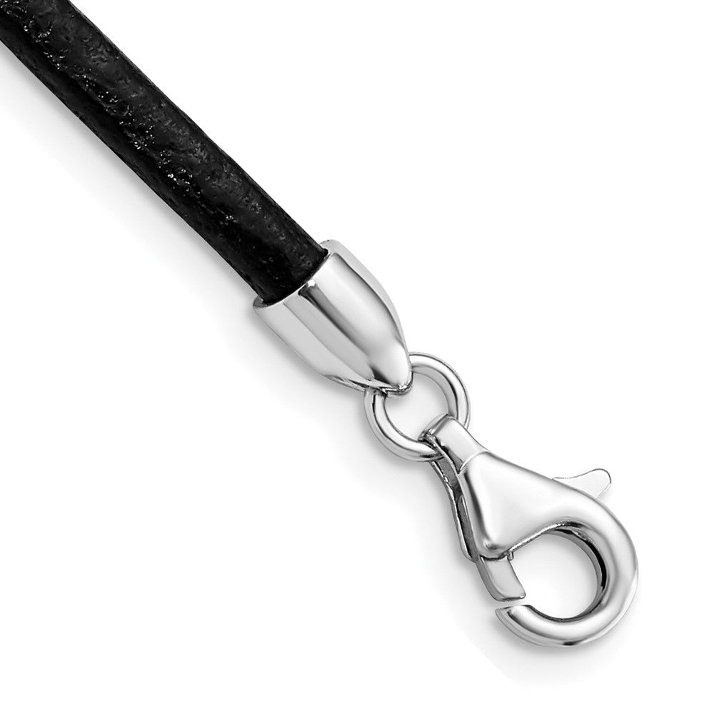 Sterling Silver Rhodium-plated 3mm Black Leather Necklace