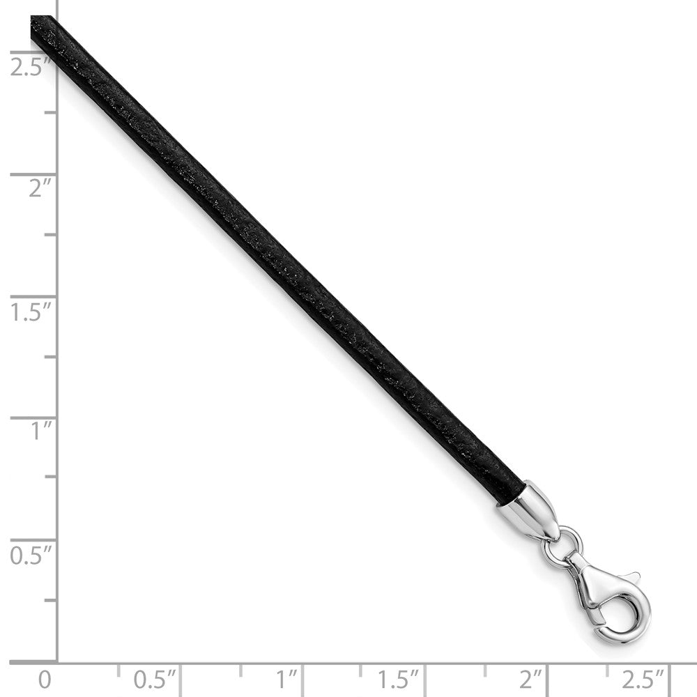 Sterling Silver Rhodium-plated 3mm Black Leather Necklace