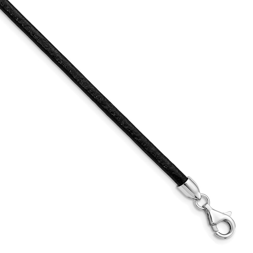 Sterling Silver Rhodium-plated 3mm Black Leather Necklace