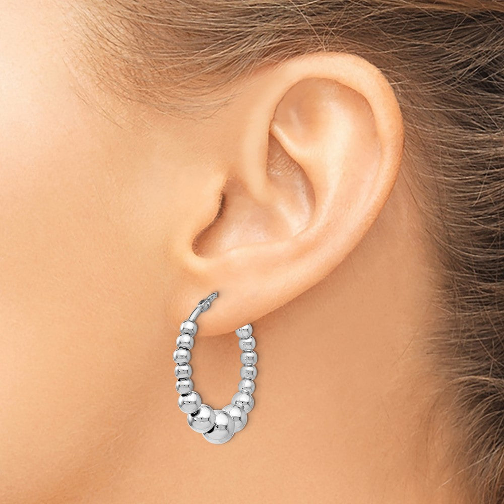 Sterling Silver RH-plated Polished Beaded Hoop Earrings
