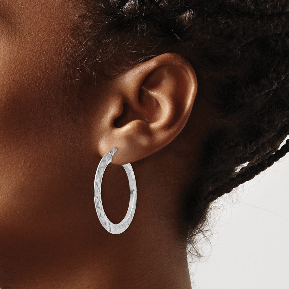 Sterling Silver RH-plated Polished & D/C Hoop Earrings