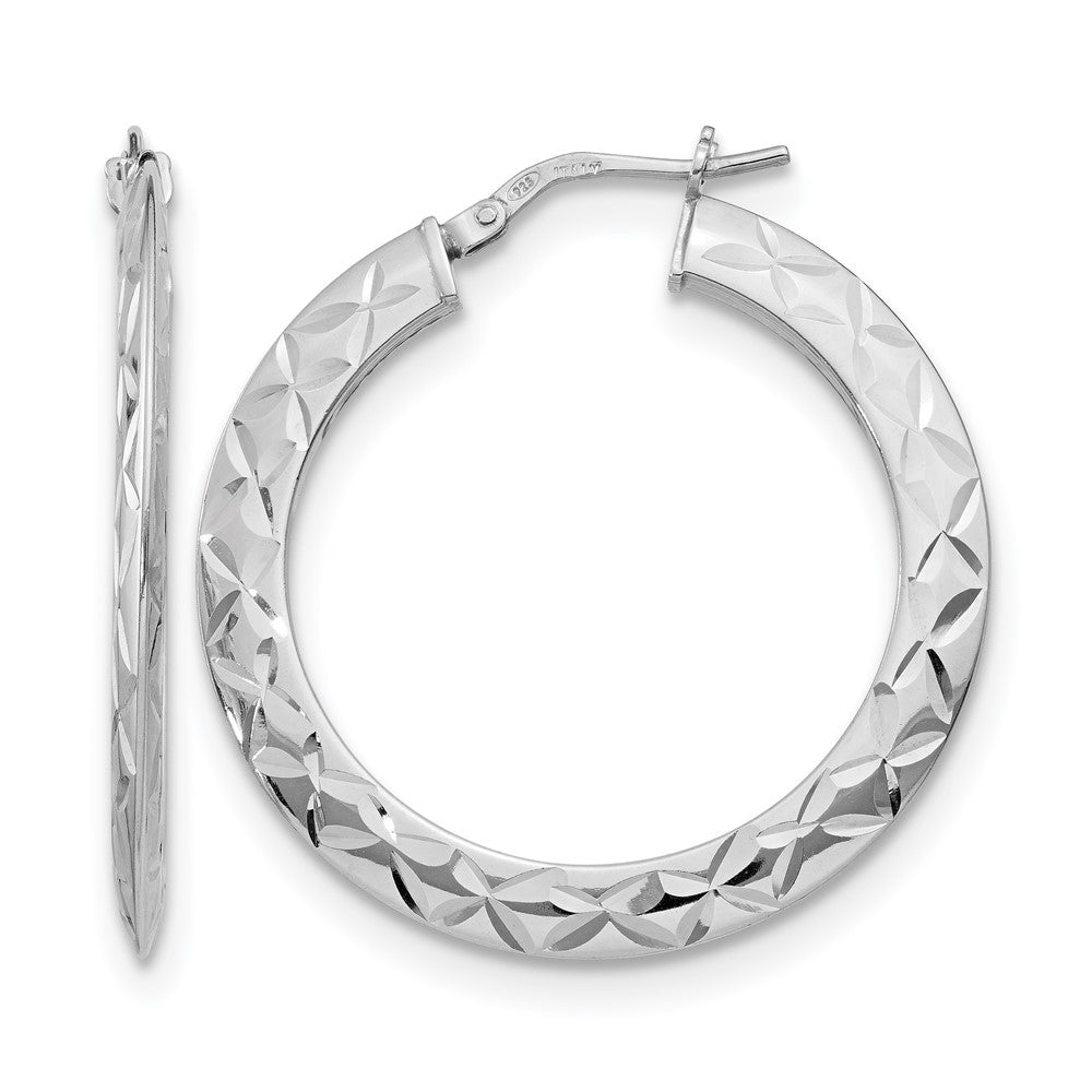 Sterling Silver RH-plated Polished & D/C Hoop Earrings