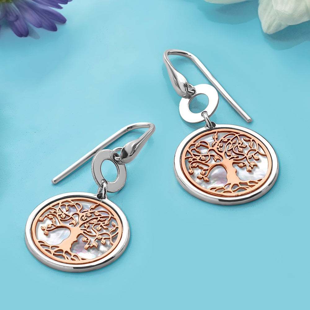 Sterling Silver & Rose-tone MOP Tree of Life Dangle Earrings