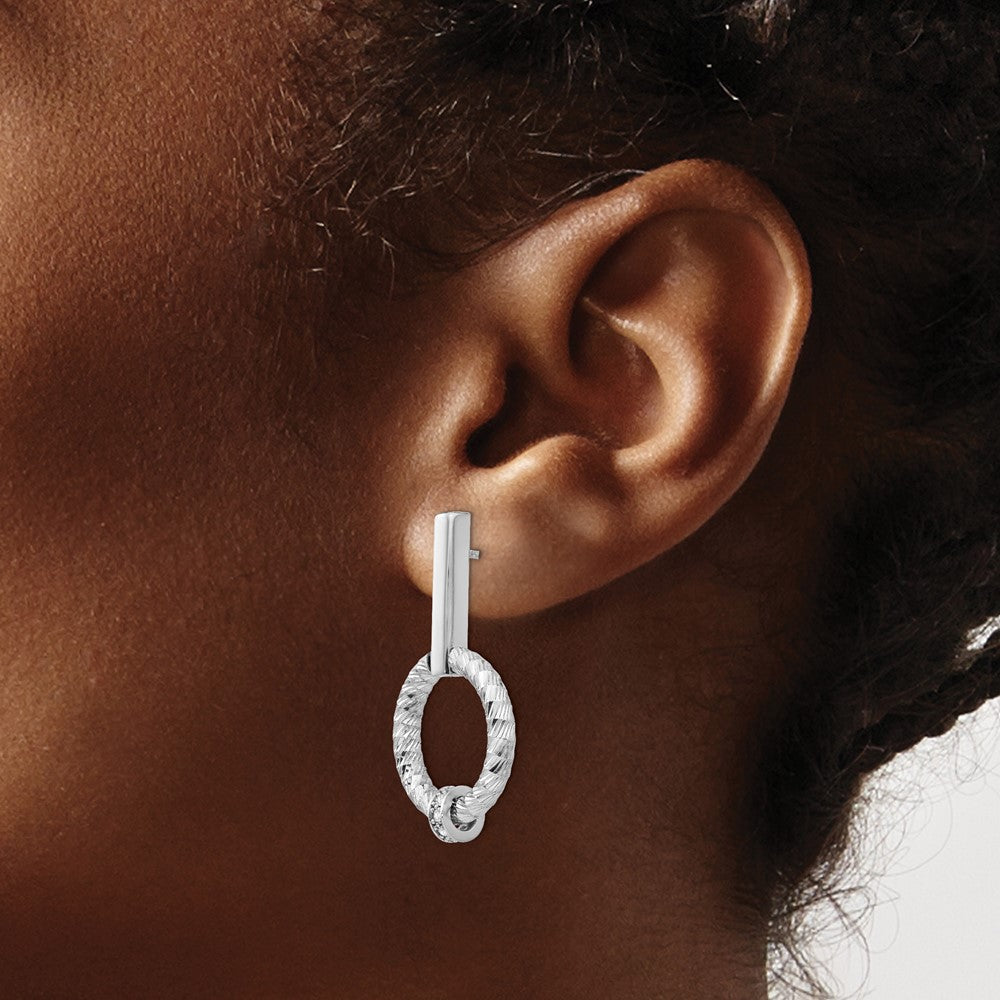 Sterling Silver Polished CZ Diamond-Cut Post Dangle Earrings