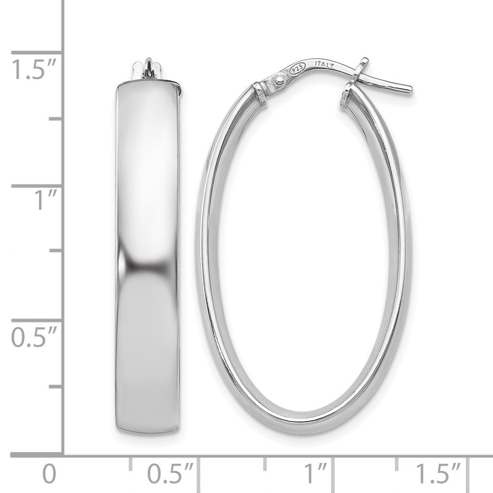 Sterling Silver RH-plated Polished Oval Hinged Hoop Earrings