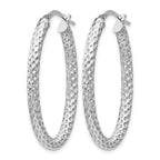 Sterling Silver RH-plt Polish/Textured Oval Hinged Hoop Earrings