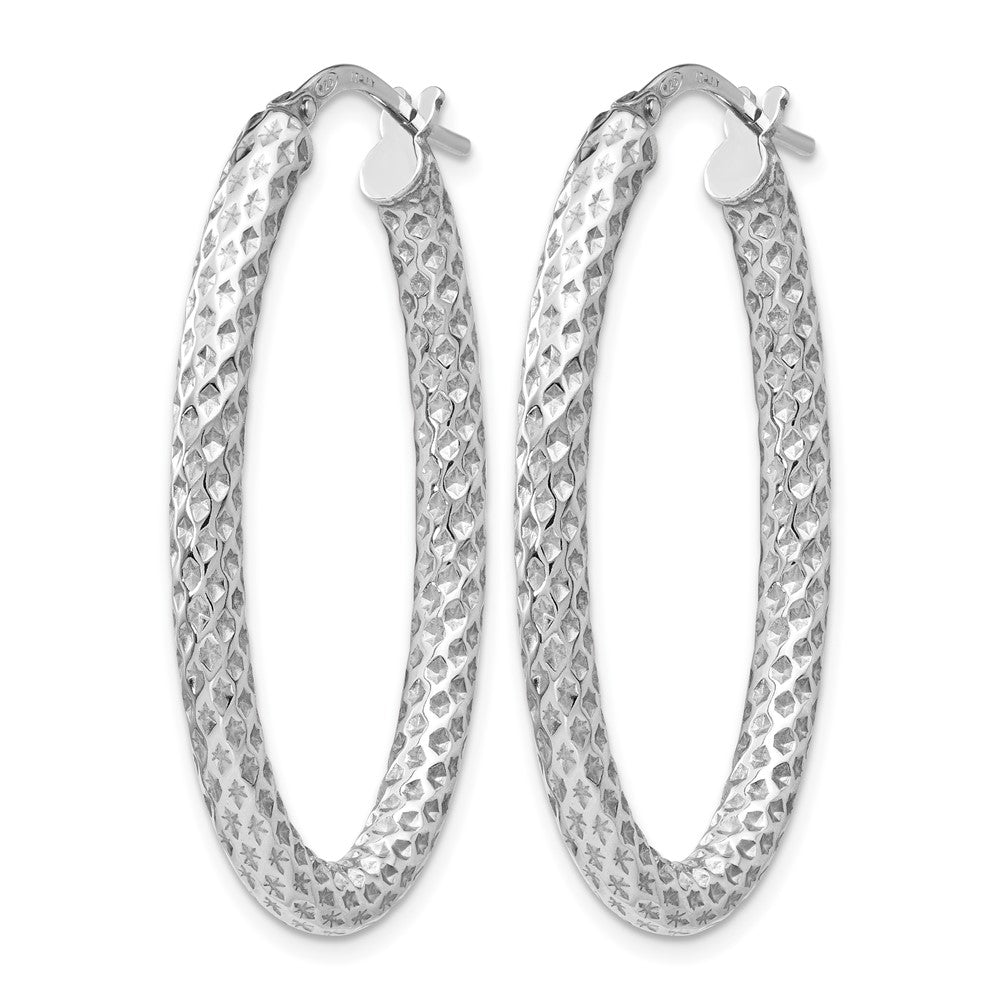 Sterling Silver RH-plt Polish/Textured Oval Hinged Hoop Earrings