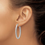 Sterling Silver RH-plt Polish/Textured Oval Hinged Hoop Earrings