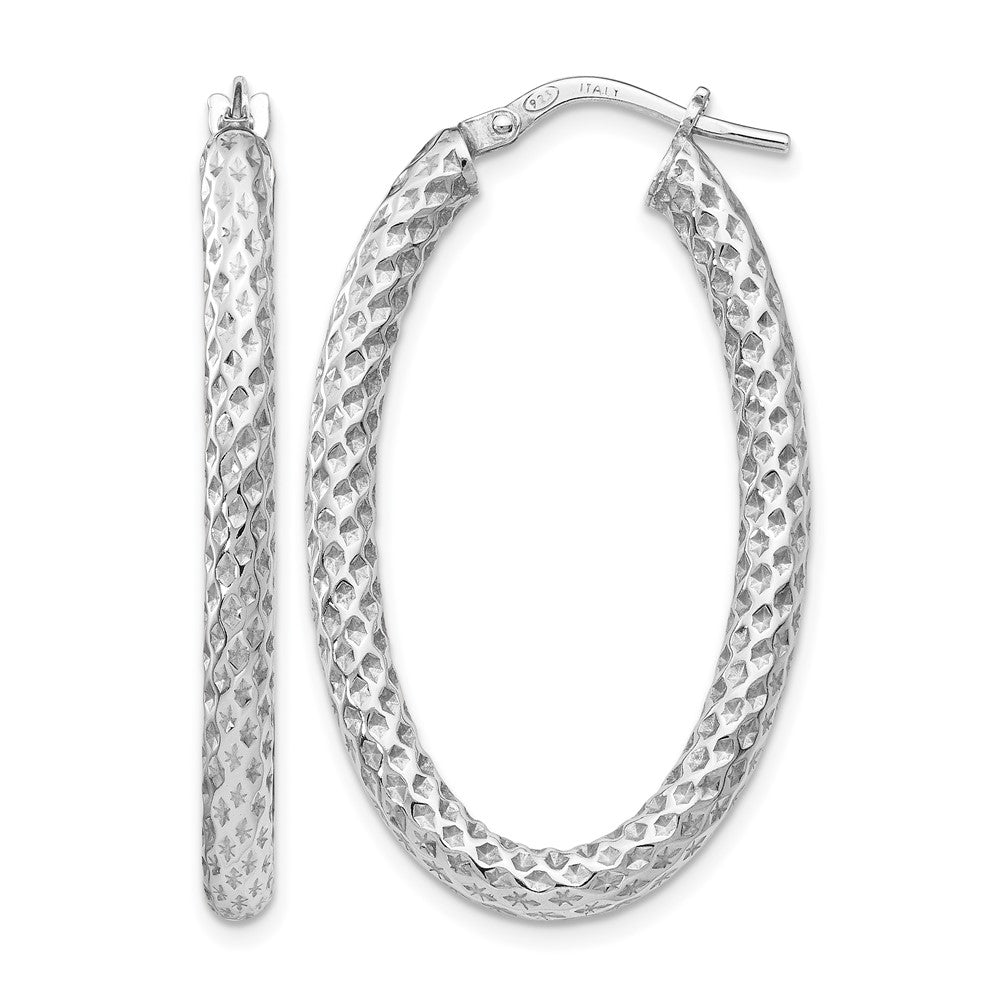 Sterling Silver RH-plt Polish/Textured Oval Hinged Hoop Earrings
