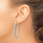 Sterling Silver RH-plt Polish/Textured Oval Hinged Hoop Earrings