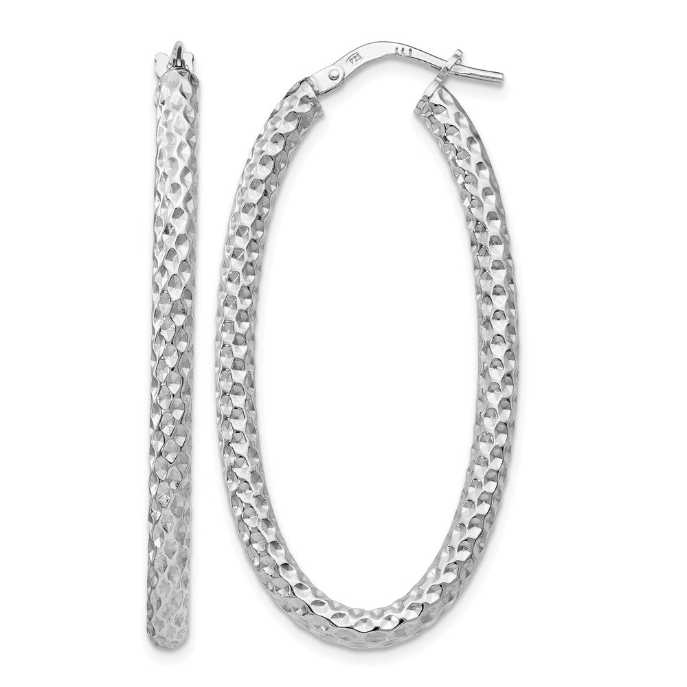Sterling Silver RH-plt Polish/Textured Oval Hinged Hoop Earrings