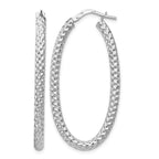 Sterling Silver RH-plt Polish/Textured Oval Hinged Hoop Earrings