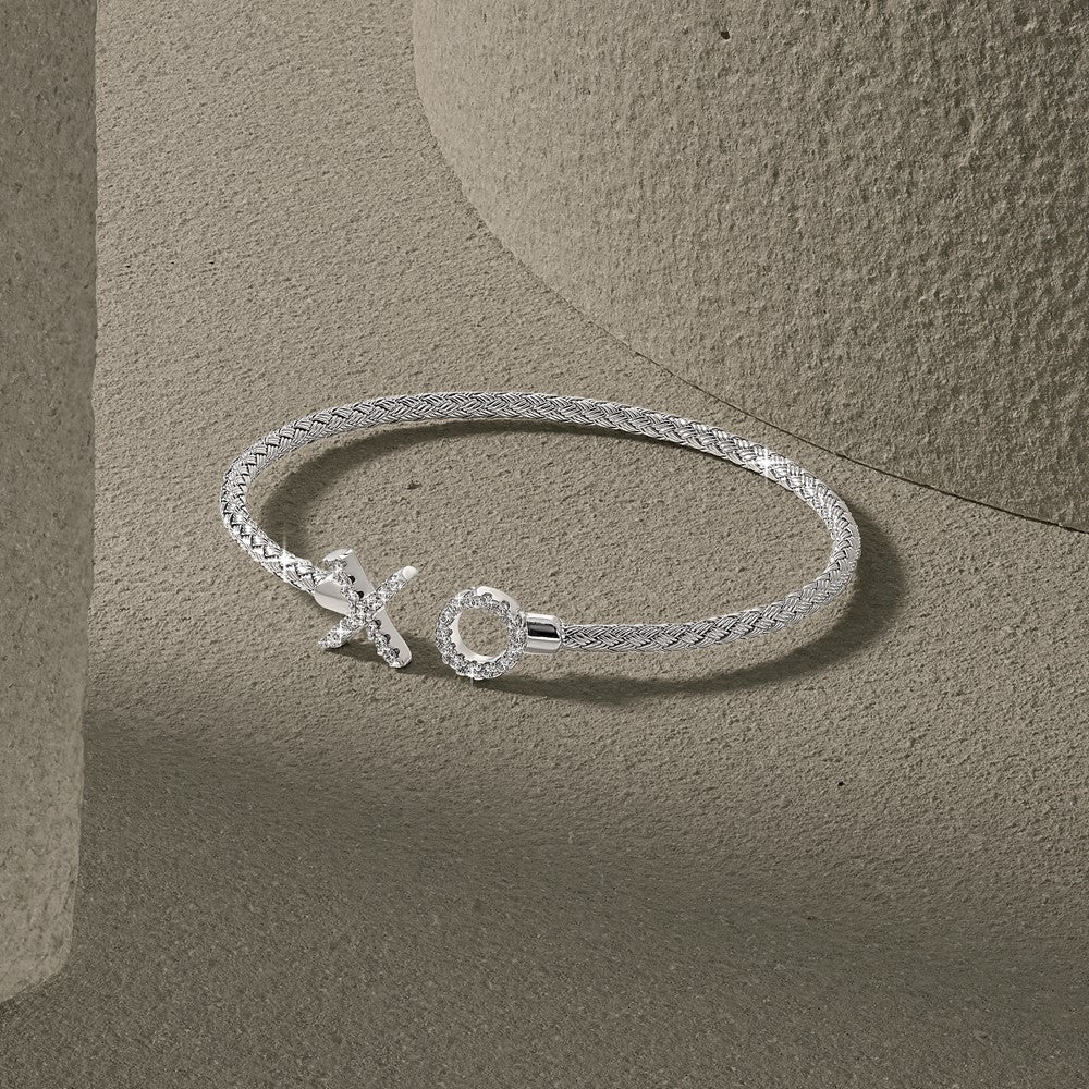 Sterling Silver Rhod-plat Polished CZ X & O Woven Flexible Cuff