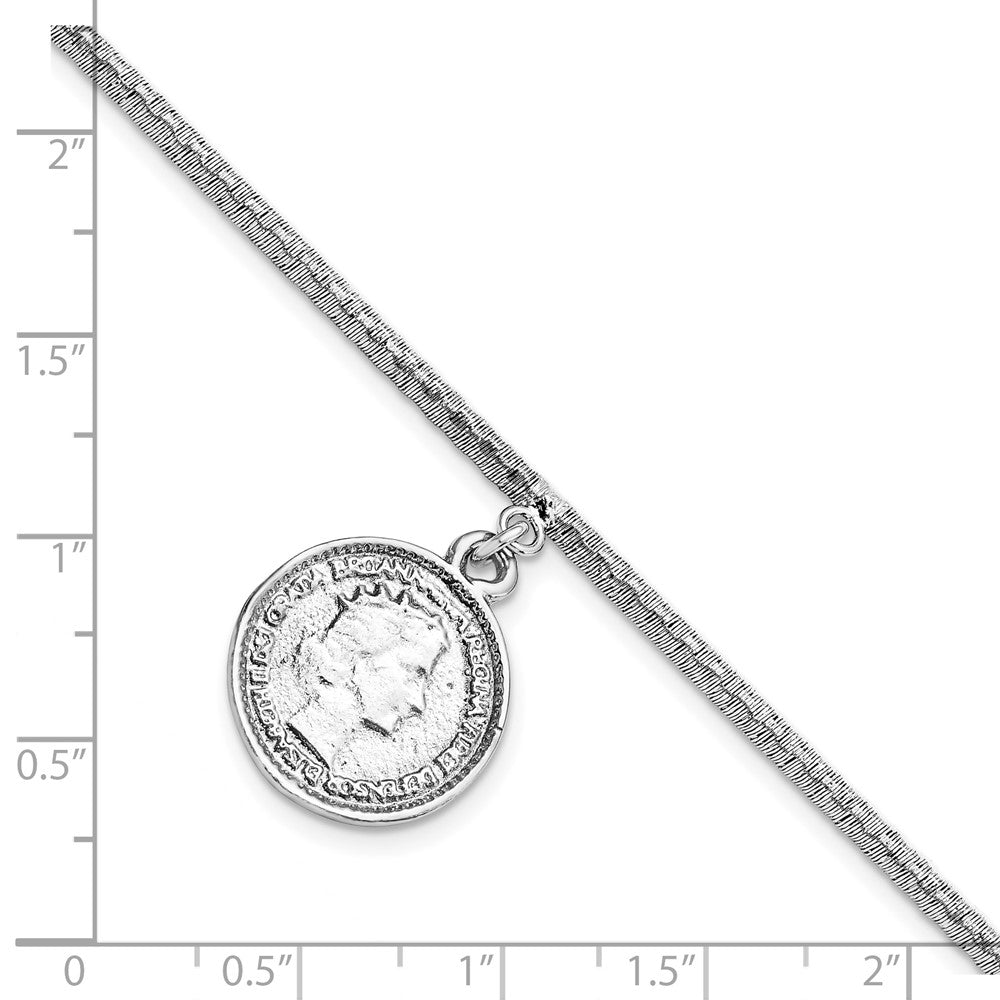 SS Rhod-plat Polished Elizabeth II Medal w/1.5 in ext. Bracelet