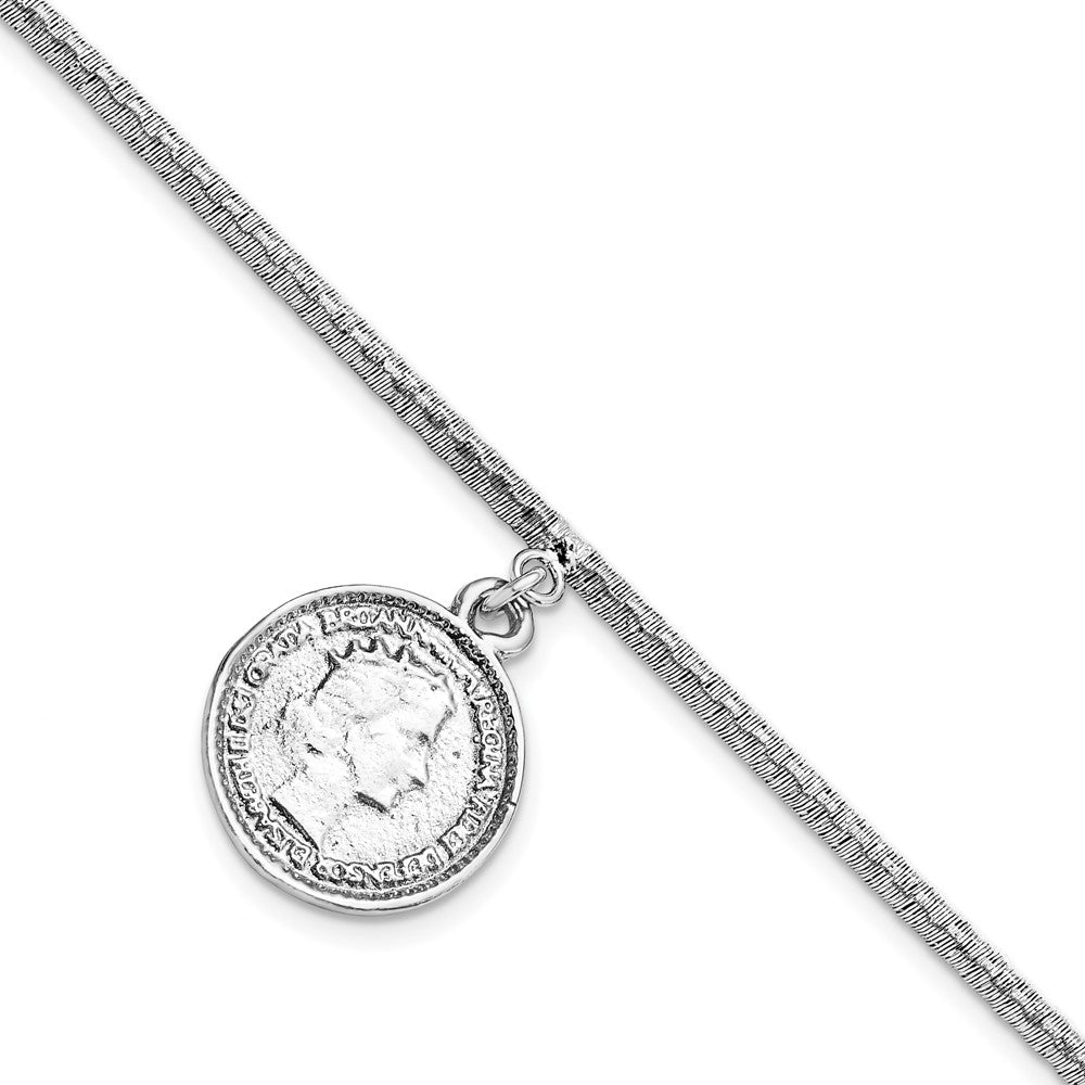 SS Rhod-plat Polished Elizabeth II Medal w/1.5 in ext. Bracelet