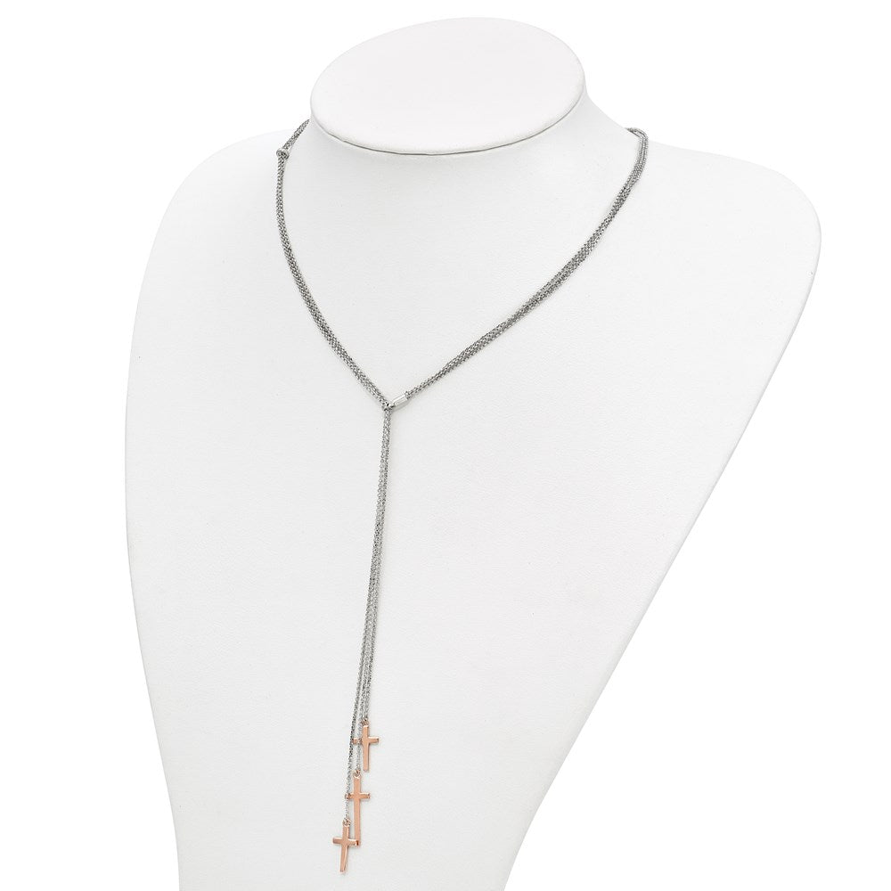 Sterling Silver 3 Rose-tone Cross Adj up to 24in Slip-on Necklace
