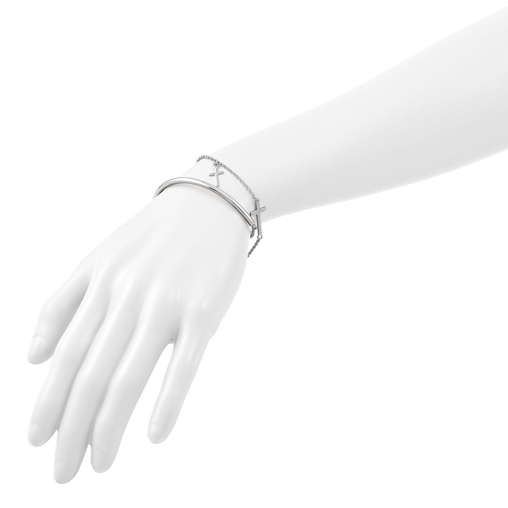 Sterling Silver RH-plt Polished Crosses w/2in ext. Wrap Bracelet