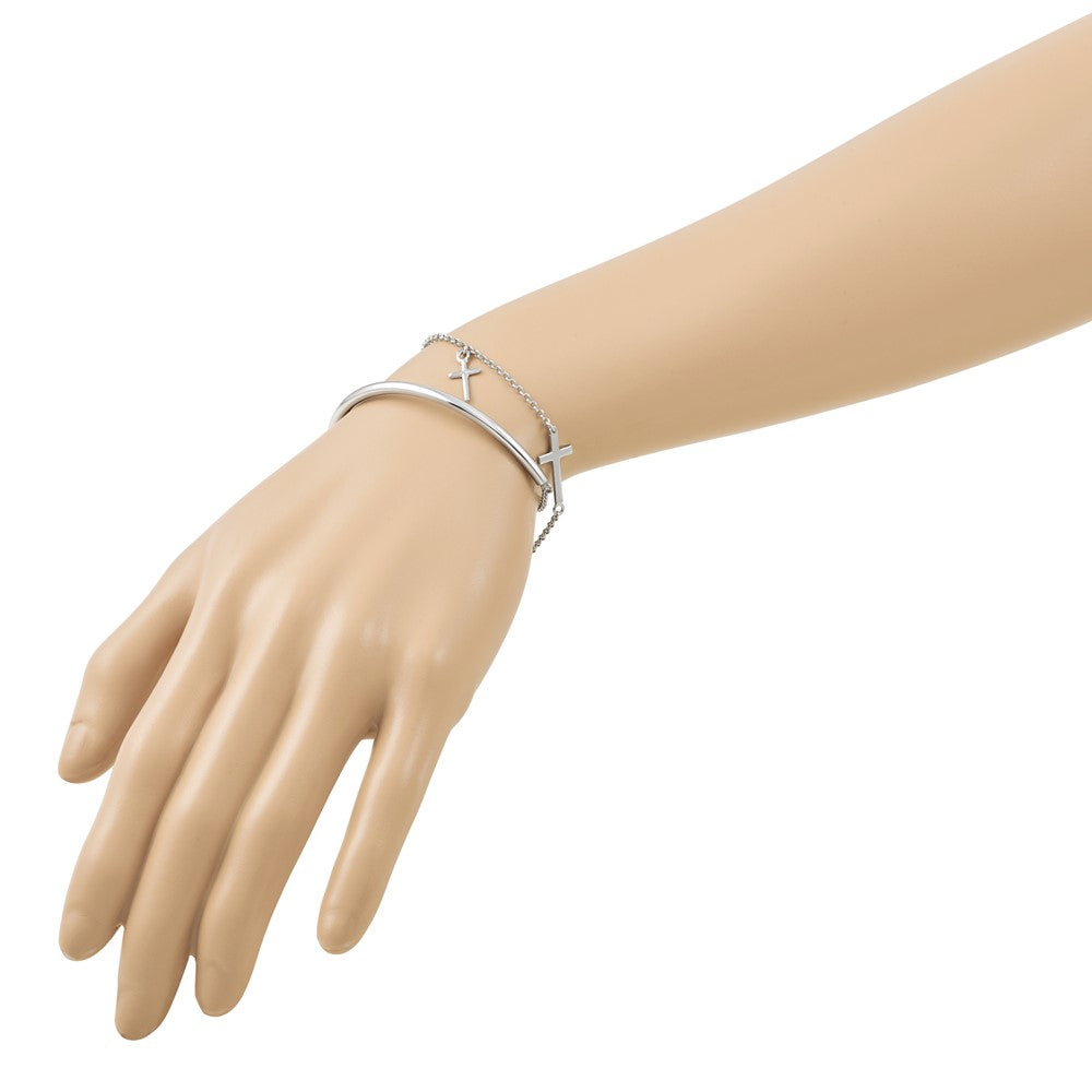 Sterling Silver RH-plt Polished Crosses w/2in ext. Wrap Bracelet