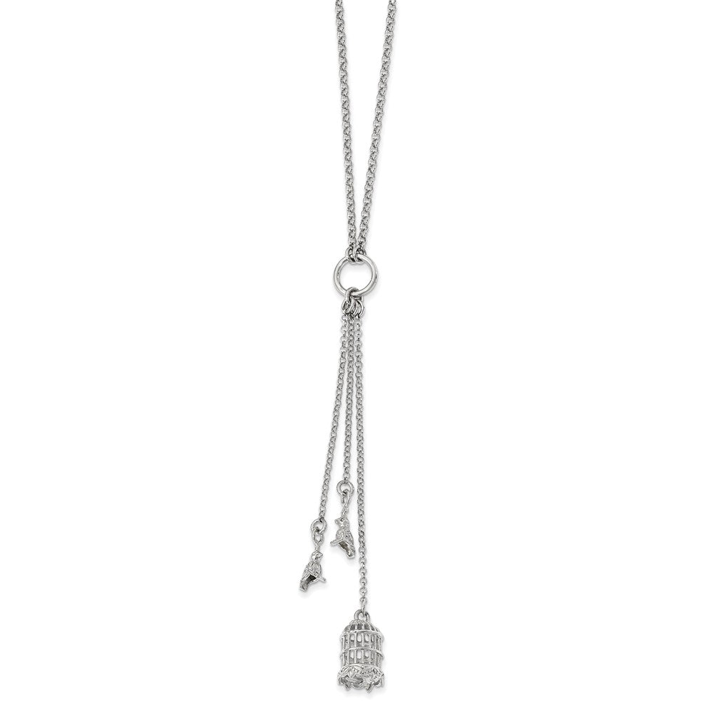 Sterling Silver Polished Bird Cage with Birds Slip-on Necklace