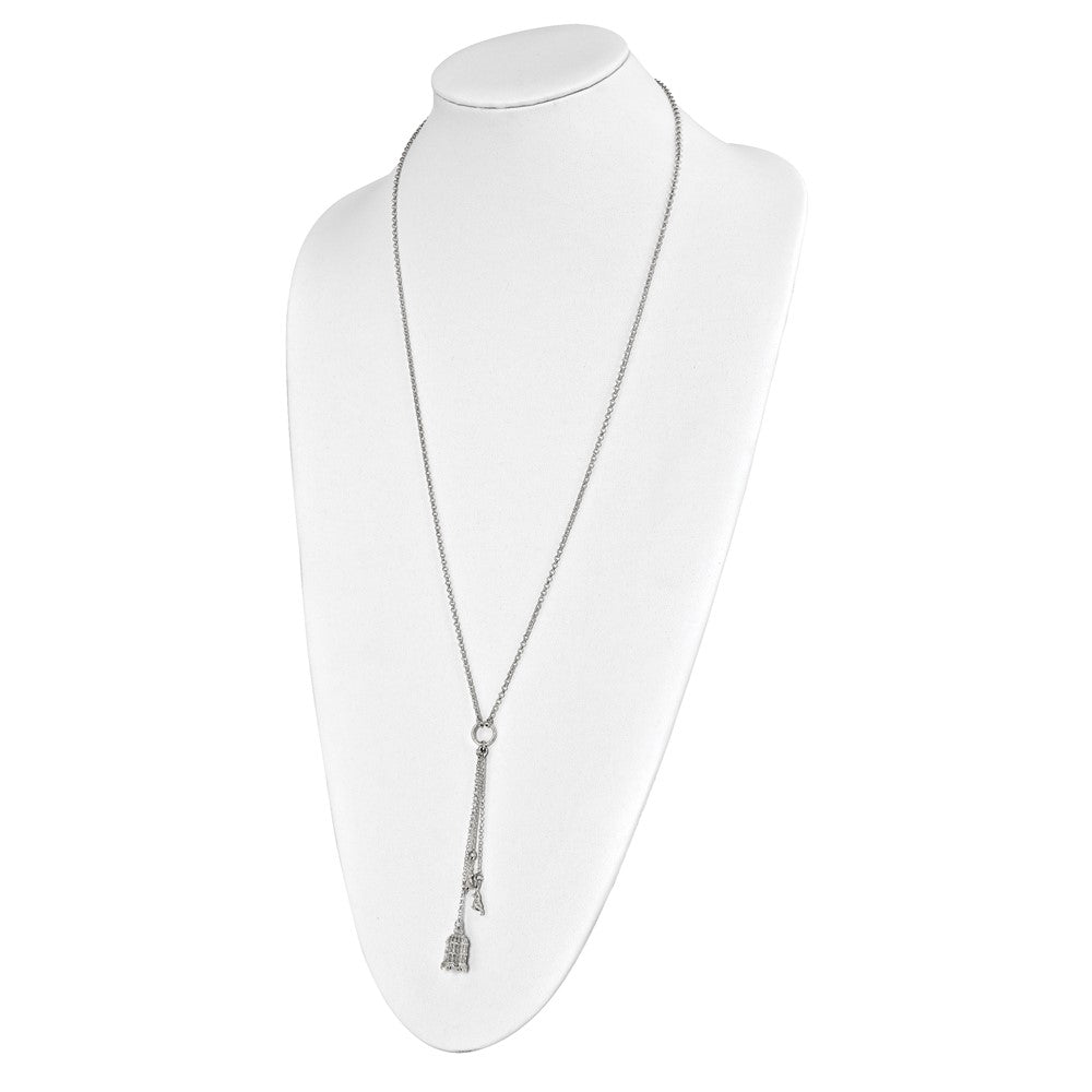 Sterling Silver Polished Bird Cage with Birds Slip-on Necklace