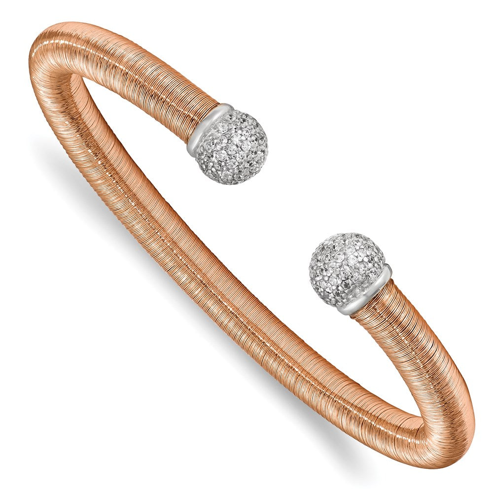 Sterling Silver Rose Rhodium CZ Textured Cuff Bangle