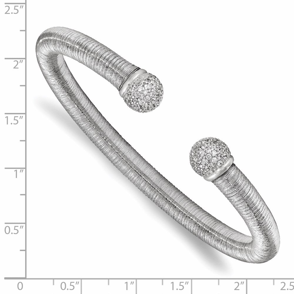 Sterling Silver & Rhodium CZ Textured Cuff Bangle