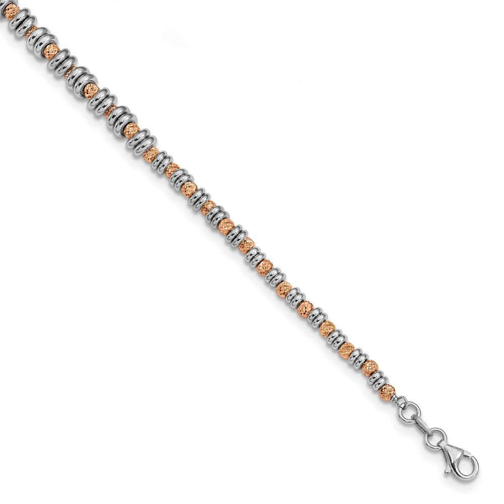 Sterling Silver Rose-tone Polished D/C Beaded Bracelet