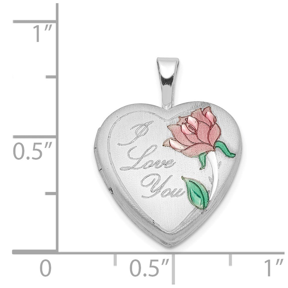 Sterling Silver RH-plated Satin & Enameled I Love You Rose Heart Locket
